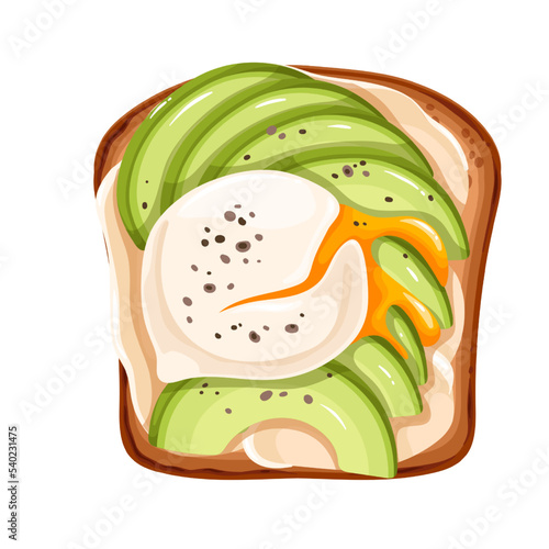 Toast with egg and avocado vector illustration. Cartoon isolated toasted whole wheat or rye bread with slices of avocado, poached egg and soft cheese, top view of sandwich for balanced breakfast