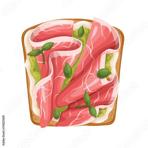 Prosciutto toast vector illustration. Cartoon isolated sliced smoked meat, basil pesto, soft cheese and capers on whole grain or rye healthy toasted bread, top view of Italian bruschetta with ham