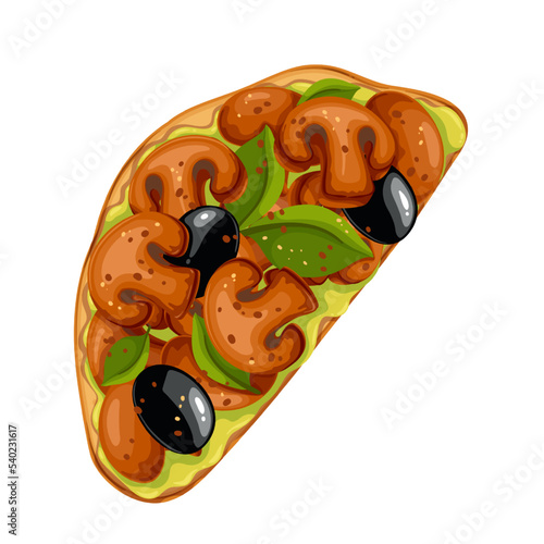 Mushroom toast vector illustration. Cartoon isolated breakfast food and gourmet sandwich snack, bruschetta with toasted bread or baguette and grilled slices of champignons, avocado, basil and olives