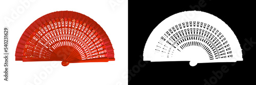 Spanish red open hand fan, decorated with floral motifs, isolated on white background with clipping mask and path