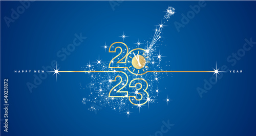 New Year 2023 shining line design typography with clock countdown and sparkler firework golden white blue background vector