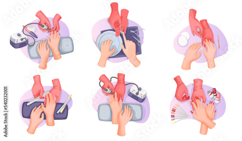Manicure in beauty spa salon set, top view vector illustration. Cartoon isolated female hands of manicurist and customer during manicure and nail polishing with equipment and cosmetics on table