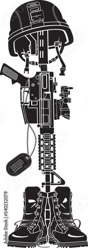 symbol of a fallen soldier,military helmet on rifle and combat boots
