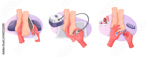 Pedicure in beauty spa salon set, top view vector illustration. Cartoon isolated staff hands applying cuticle remover, nail file and polish to foot of girl, pedicure treatment, cosmetic care for skin