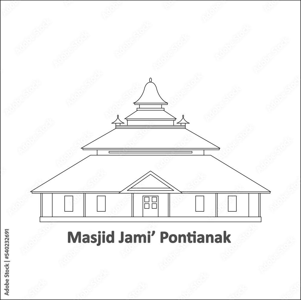 Landmark Jami' Mosque (masjid), Pontianak, West Kalimantan in a simple flat vector style as a must-visit tourist location. Flat icons, line drawing designs, illustrations, templates, logos silhouettes