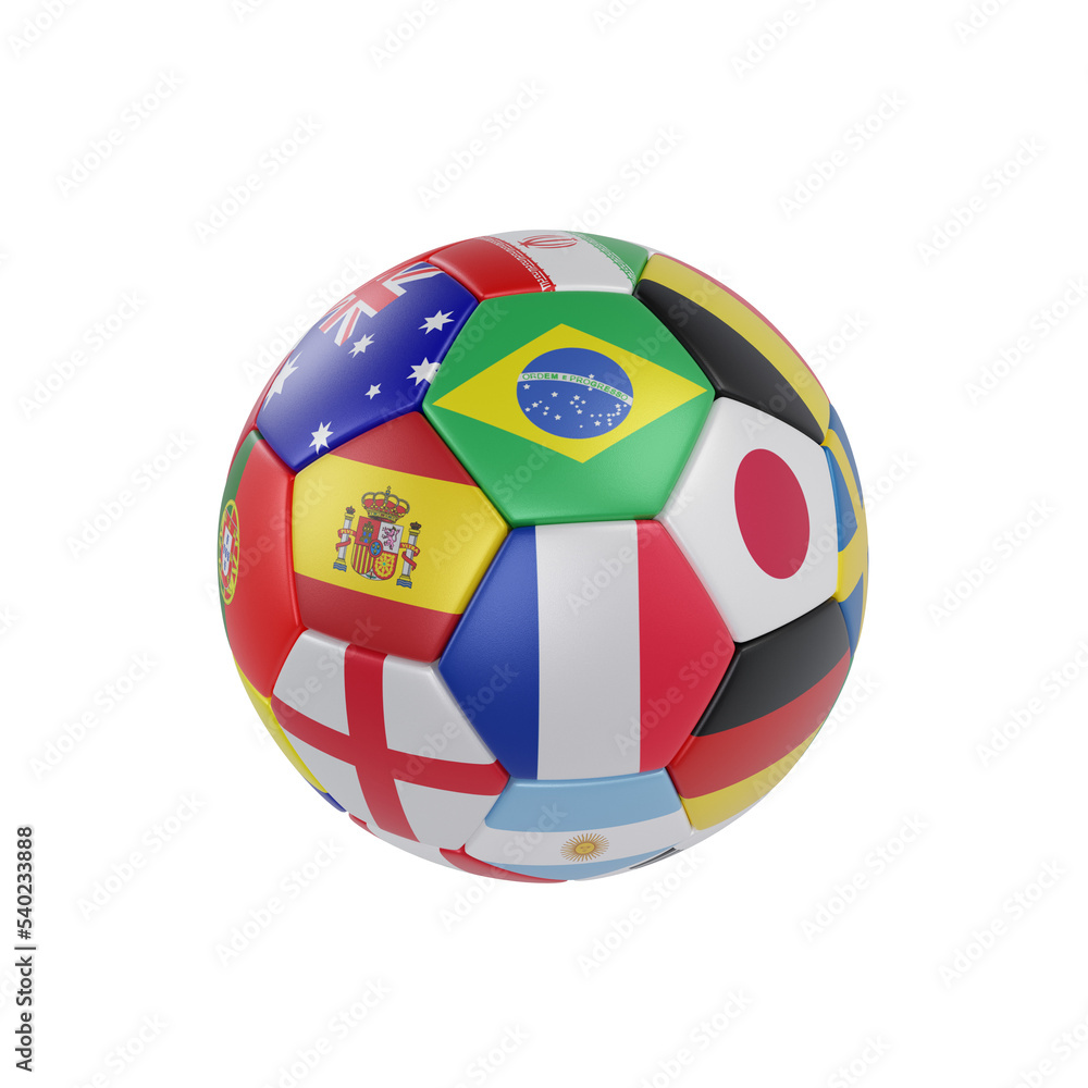 World cup Qrata 2022.3D football soccer ball with nations' teams' flags.3D rendering World cup Qrata 2022.3D football soccer ball with nations' teams' flags.3D rendering