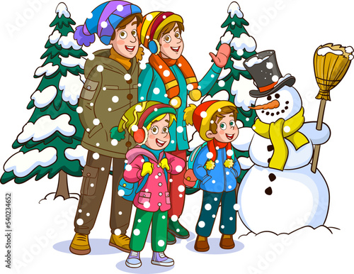 Happy family dressed in winter warm clothes. People in the north. Christmas Holidays. Vector illustration in cartoon style