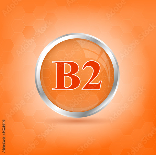 Vitamin B2 icon structure orange substance. Personal care, beauty concept. Medicine health symbol of thiamine. Drug business concept. 3D Vitamin complex with chemical formula. Vector Illustration.	
