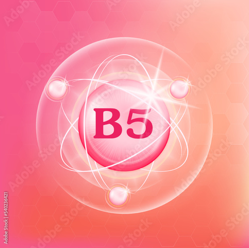 Vitamin B5 icon structure light pink substance. Medicine health symbol of thiamine. Drug business concept. Vector Illustration. 3D Vitamin complex with chemical formula. Personal care, beauty concept
