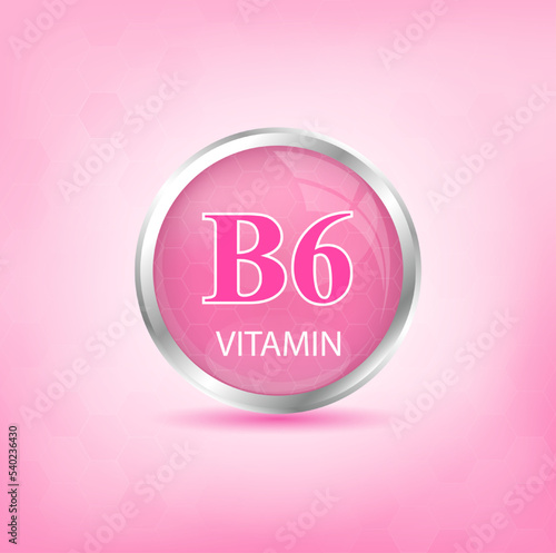 Vitamin B6 icon structure pink substance. Personal care, beauty concept. Medicine health symbol of thiamine. Drug business concept. Vector Illustration. 3D Vitamin complex with chemical formula.	
