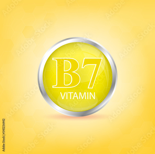 Vitamin B7 icon structure yellow substance. Personal care, beauty concept. Medicine health symbol of thiamine. Drug business concept. 3D Vector Illustration. Vitamin complex with chemical formula.	