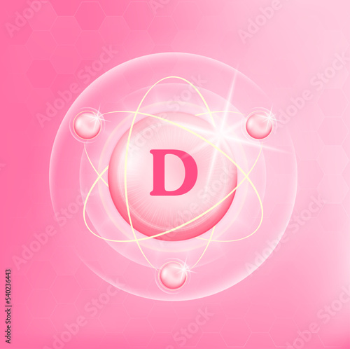 Vitamin D icon structure light pink substance. Medicine health symbol of thiamine. Drug business concept. Vector Illustration. 3D Vitamin complex with chemical formula. Personal care, beauty concept	