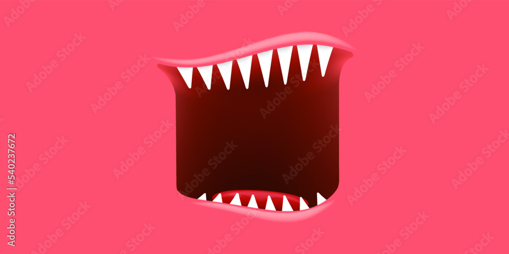 Vector Cartoon open monster mouth isolated on pink background. Funny and cute Halloween Monster open mouth with big vampire fangs or teeth and red tongue. Halloween card design template Vector Cartoon open monster mouth isolated on pink background. Funny and cute Halloween Monster open mouth with big vampire fangs or teeth and red tongue. Halloween card design template