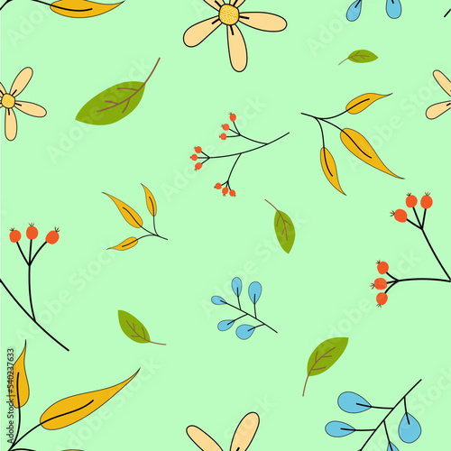 Seamless Pattern Leaves with yellow, green, blue stems with yellow flowers. Hand drawn cute on green background. Designed for clothes, curtains, garments, blankets, home products, tiles.