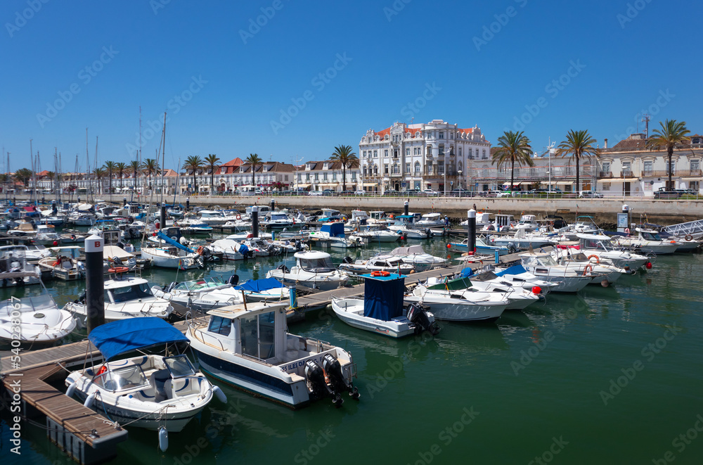 Portugal, August 2022: Marina harbor and hotel Guadiana at Vila Real de Santo António, Algarve, Portugal
