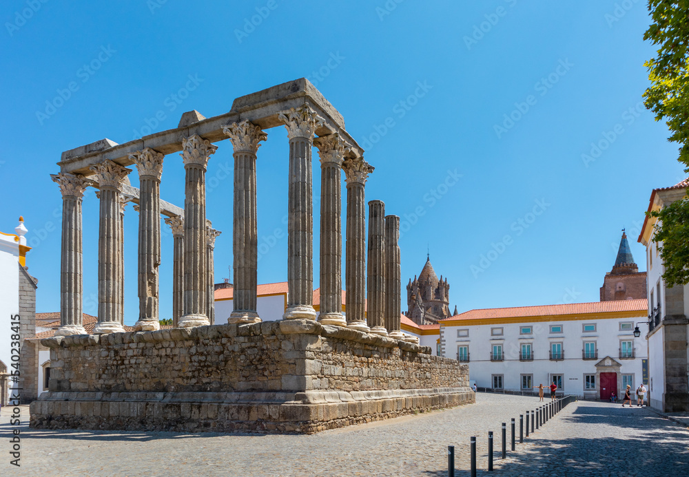 Portugal, August 2022: Ruins of a Roman temple, Evora, Alentejo, Portugal