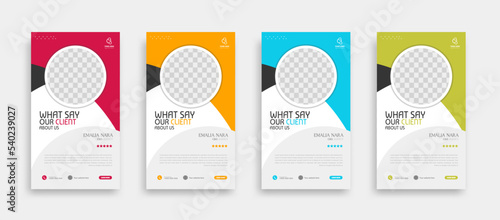 set of modern and creative client testimonial social media post and story design. customer service feedback review social media post or web banner vector template.	