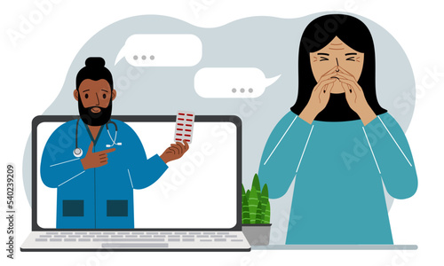 Online consultation with a doctor. A arabic woman in pain holds his hands to his face and communicates through a laptop with a doctor.