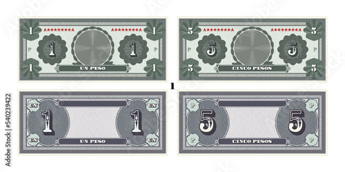 Vector set of obverse and reverse, paper gaming banknotes. One and five pesos are written in Spanish. Sample bills. Empty circle, vintage guilloche frames and grids. Part 1