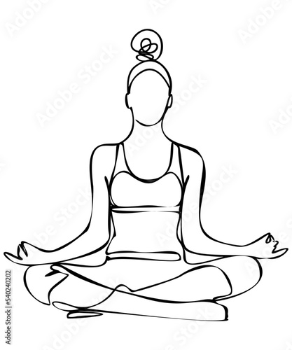 Continuous line drawing. Woman doing exercise in yoga pose. Vector Illustration