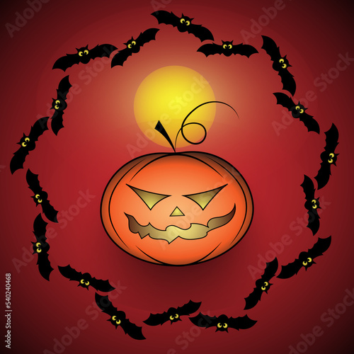 Halloween and mysticism. Decorative composition. Cartoon pumpkin, bats on the background of the night forest. Attributes of the Halloween holiday. Color vector illustration.