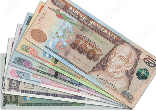 Paper money from Guatemala. Guatemalan quetzal. Close up banknotes from Guatemala. Guatemalan currency 