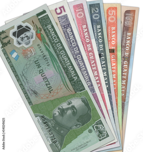 Paper money from Guatemala. Guatemalan quetzal. Close up banknotes from Guatemala. Guatemalan currency 
