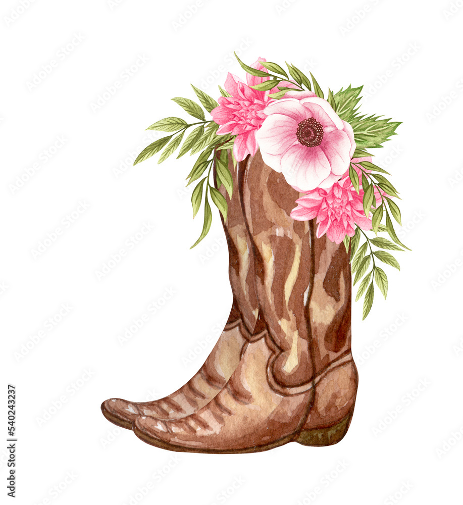Watercolor Flowers in boots. Cowboy and flowers. Farmhouse rustic clipart Stock-illustration | Adobe Stock