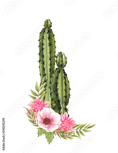 Watercolor floral cactus. Western cactus and flowers. Farmhouse rustic clipart isolated