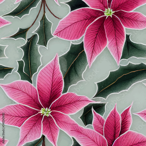 A seamless floral pattern of Poinsettia, Christmas plant, decoration pattern for present wrapping, cards.