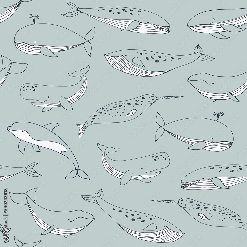 Obraz premium Whale sea animal vector seamless pattern.