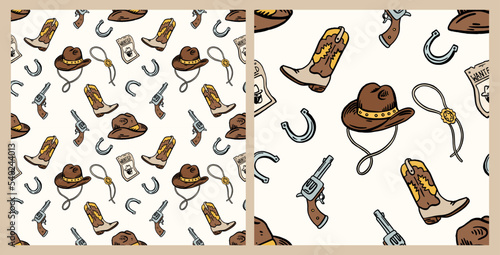 Cowboy Western Boho seamless Pattern, cowgirl hat, boots, shoe-horse , hand-drawn vector illustration