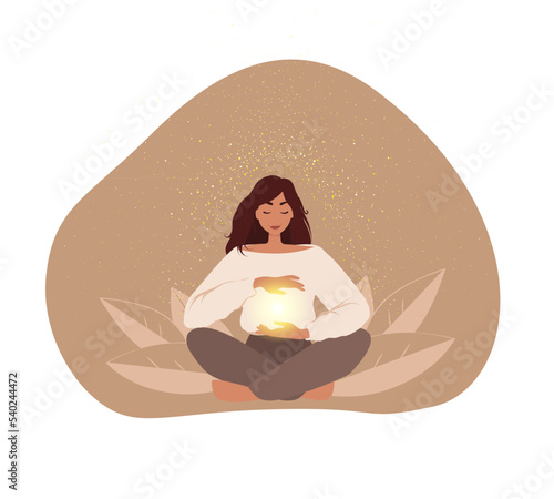 Reiki healing energy, woman in pose lotus, energy worker practicing with healing hands. Spiritual healing concept