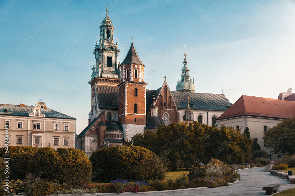 Sunrise viev of Basilica of St Stanislaw and Vaclav or Wawel Cathedral on Wawel Hill in Krakow, Poland