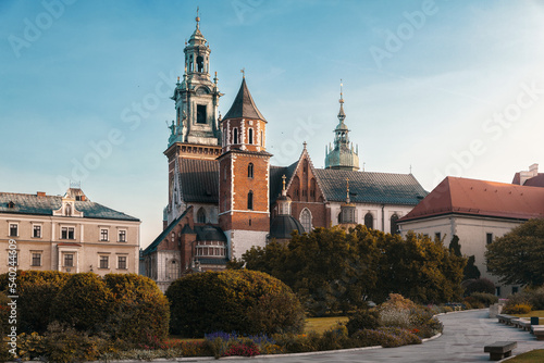 Sunrise viev of Basilica of St Stanislaw and Vaclav or Wawel Cathedral on Wawel Hill in Krakow, Poland