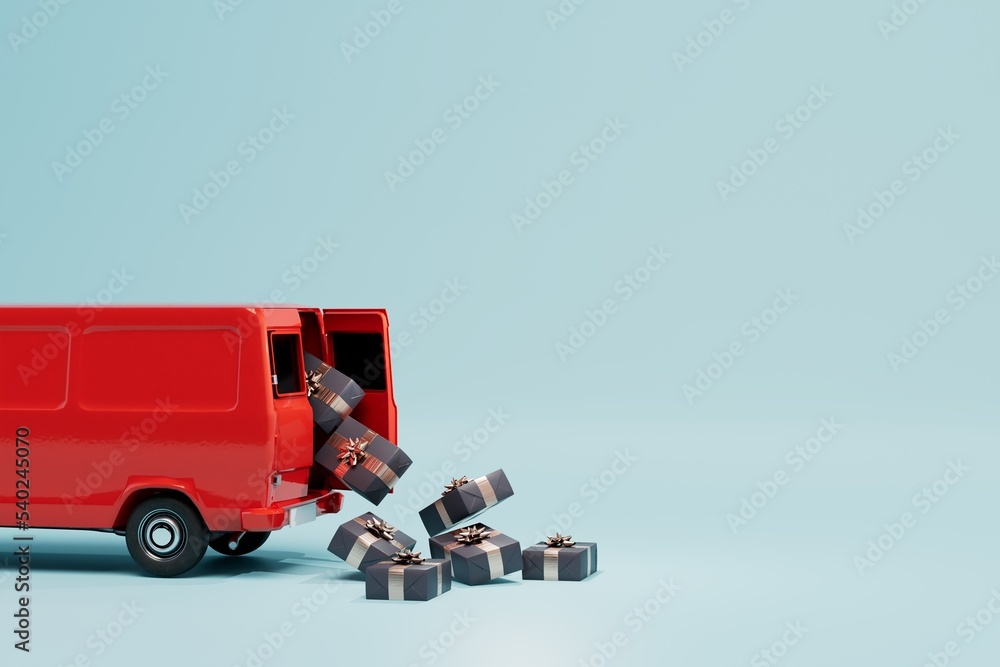 Fototapeta premium parcel delivery service. a red truck from which gift boxes are poured on a blue background. copy paste. 3D render