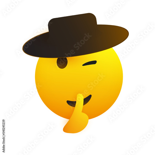 Never Tell! - Winking, Cheeky Face with Black Hat Gesturing - Finger on Lips, Make Silence Sign -  Emoticon for Social Media or Instant Messaging App Isolated on White Background -Vector Design