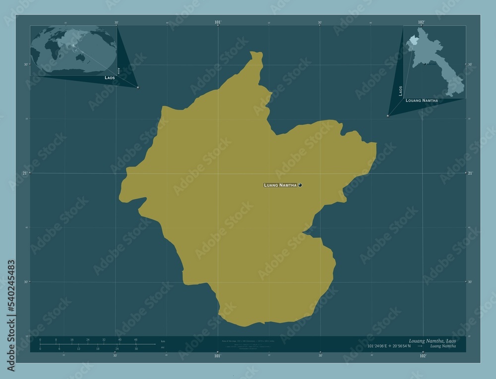 Louang Namtha, Laos. Solid. Labelled points of cities