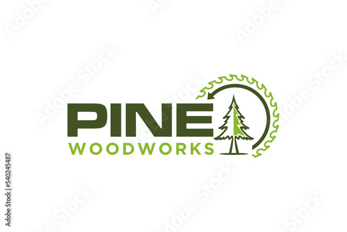 Pine tree wood work logo design rounded emblem shape conifer forest nature with circular saw logging lumberjack 