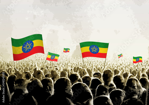 Crowd with the flags of Ethiopia, people cheering national team of Ethiopia. Ai generated illustration of crowd.