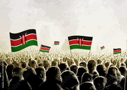 Crowd with the flags of Kenya, people cheering national team of Kenya. Ai generated illustration of crowd.