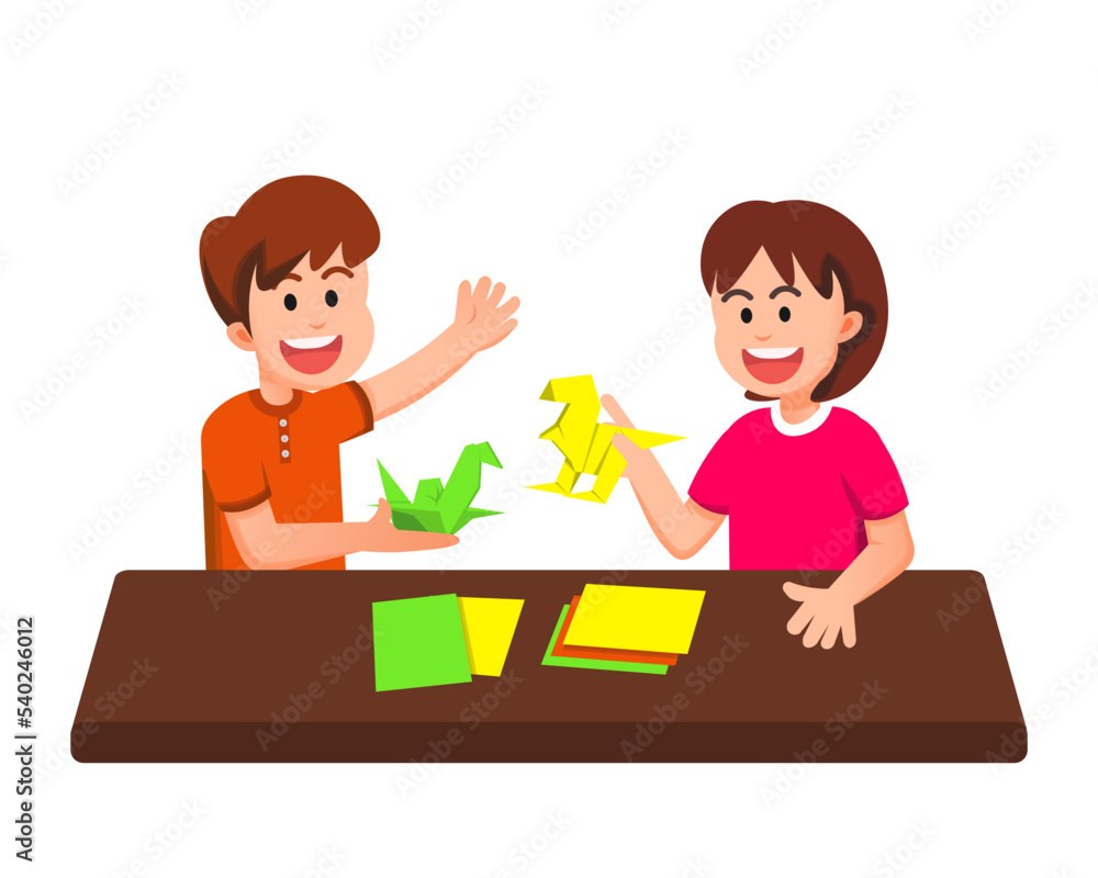 little girl and a boy forming various animals with paper art little girl and a boy forming various animals with paper art