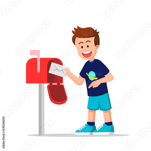 a boy puts a letter in the mailbox