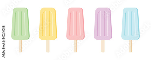 Set of colorful ice cream on a wooden stick. Flat vector illustration.