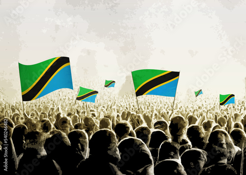 Crowd with the flags of Tanzania, people cheering national team of Tanzania. Ai generated illustration of crowd.