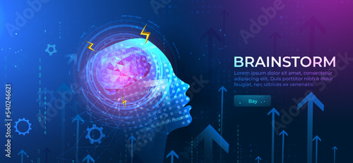 Brainstorm banner. The brain strains, lightning and rays. Finding a creative idea, solving a problem, having an epiphany. Creative inspiration, unlock creativity, new idea, brainstorming.