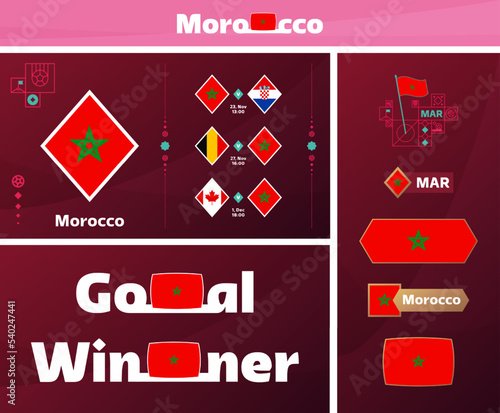 morocco national team design media kit graphic collection. 2022 world Qatar Football or Soccer Championship design elements vector set. Banners, Posters, Social Media kit, templates, scoreboard