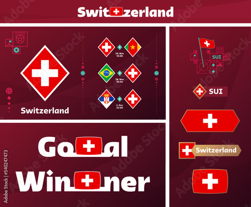 switzerland national team design media kit graphic collection. 2022 world Cup Qatar Football or Soccer Championship design elements vector set. Banners, Posters, Social Media kit, templates