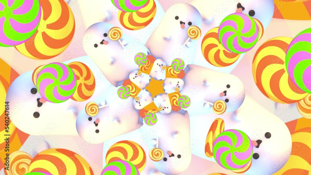 Looped cartoon spinning cute ghost with lollipop pattern motion graphics. Looped cartoon spinning cute ghost with lollipop pattern motion graphics.