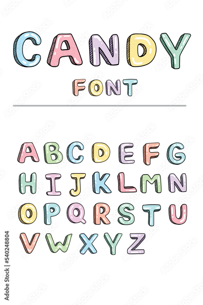 Vector Hand Drawn Candy Alphabet Font Design Elements Isolated on White Background. Decorative Shining Sugar Font Design in Pastel Colors. Doodle Style Sweets ABC Letters Collection.